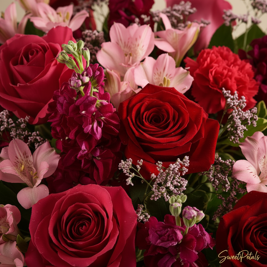 Close-up of red roses hot pink roses and pink alstroemeria in glass vase – SweetPetals passionate hearts luxury arrangement
