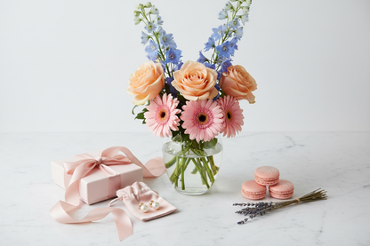 Luxury flat lay of pastel rose and gerbera arrangement with pink gift box and macarons – SweetPetals premium flower delivery NYC