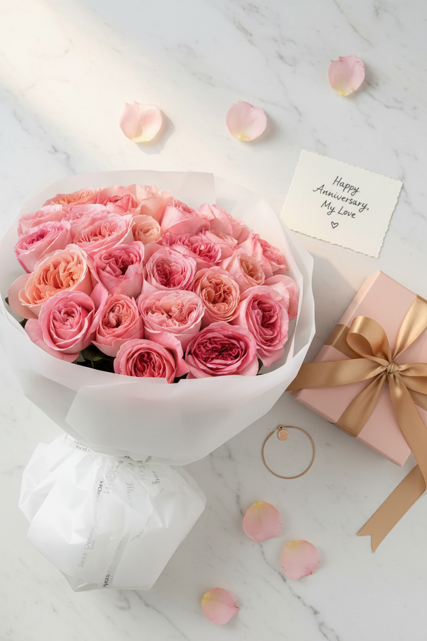 Flat lay pink garden rose luxury bouquet with blush gift box and gold bracelet on white marble – SweetPetals luxury pink garden rose anniversary gift delivery New York