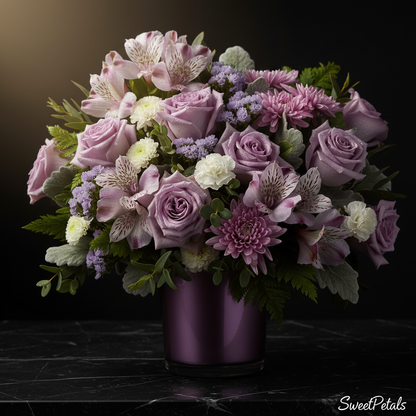 Close-up of lavender roses purple alstroemeria lavender chrysanthemums and white mini carnations in metallic lavender vase on dark marble – SweetPetals lavender dream luxury arrangement