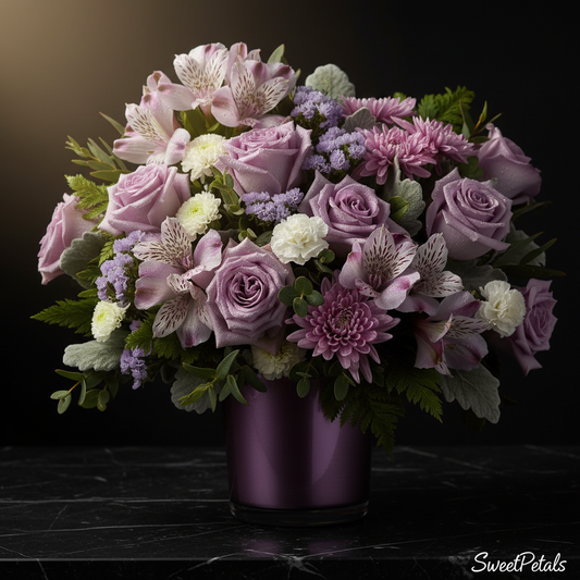 Close-up of lavender roses purple alstroemeria lavender chrysanthemums and white mini carnations in metallic lavender vase on dark marble – SweetPetals lavender dream luxury arrangement