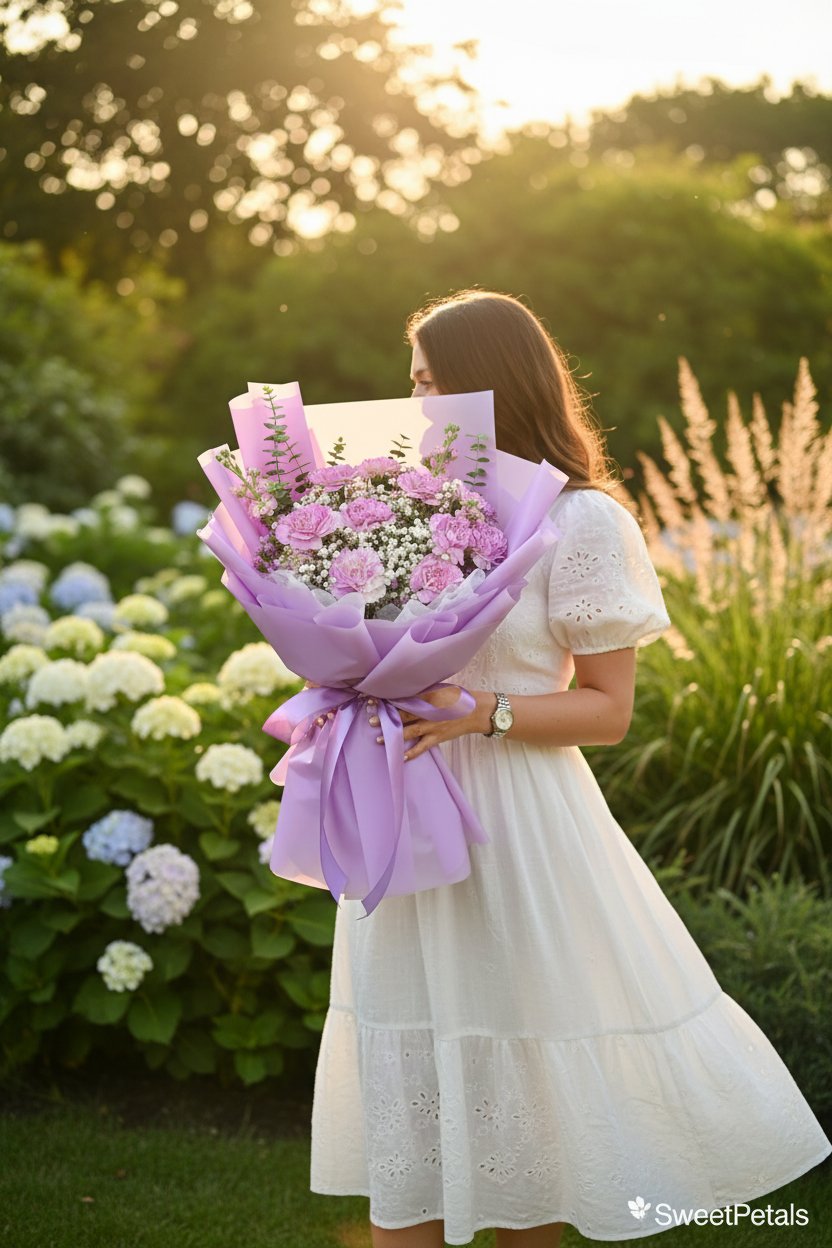 Woman in white linen dress holding lilac grace carnation bouquet in sunlit luxury garden – SweetPetals premium lavender carnation gift New York