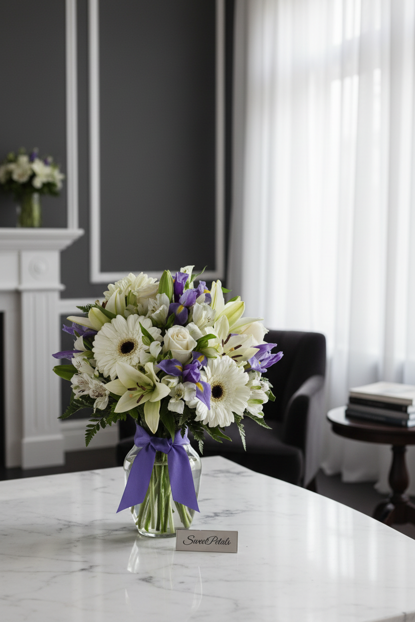 Elegant white gerbera lily and purple iris vase arrangement by window in luxury home – SweetPetals premium flowers