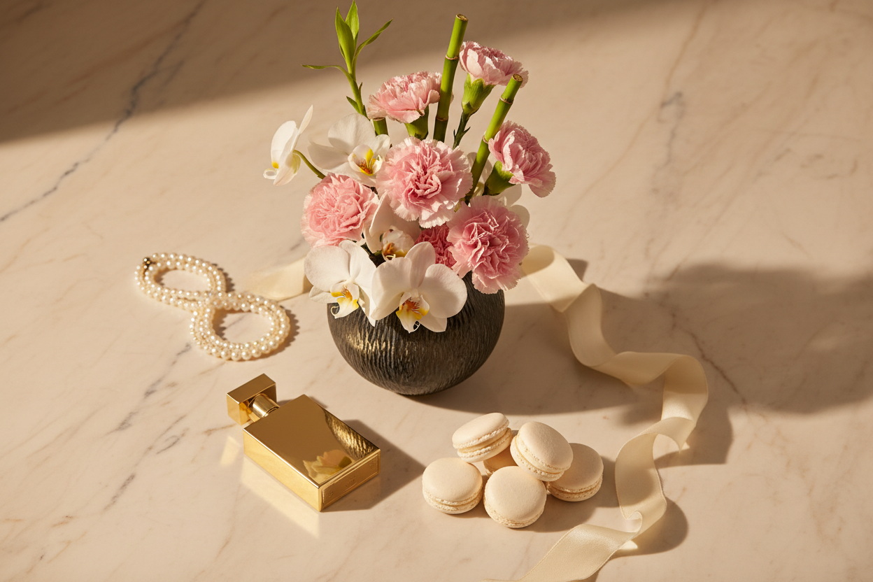 Luxury flat lay of pink carnation orchid vase with pearls and macarons – SweetPetals premium flowers Brooklyn Manhattan
