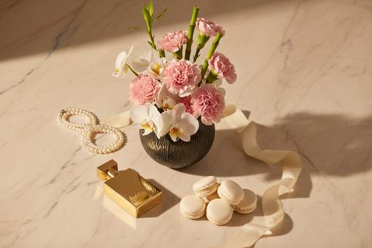 Luxury flat lay of pink carnation orchid vase with pearls and macarons – SweetPetals premium flowers Brooklyn Manhattan