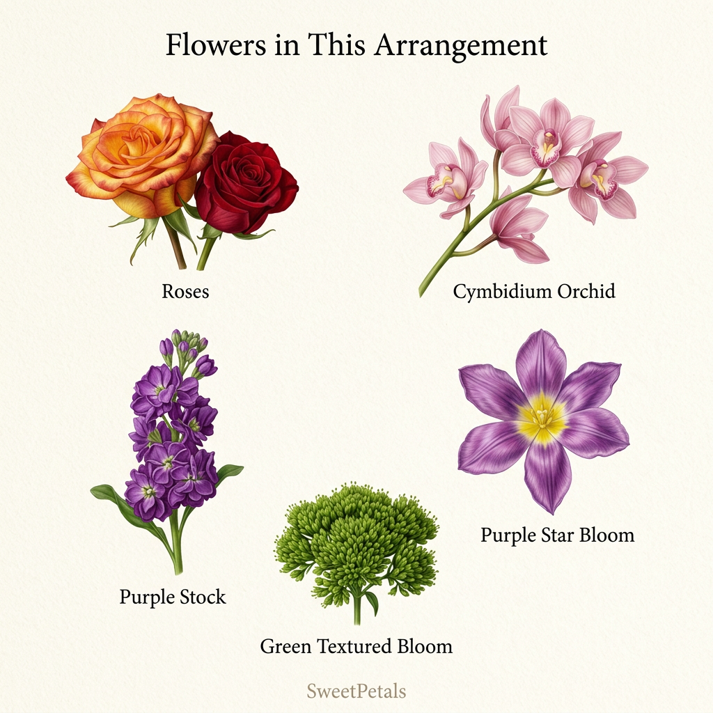 Separate flower guide showing roses, orchids and accent blooms, SweetPetals Brooklyn USA