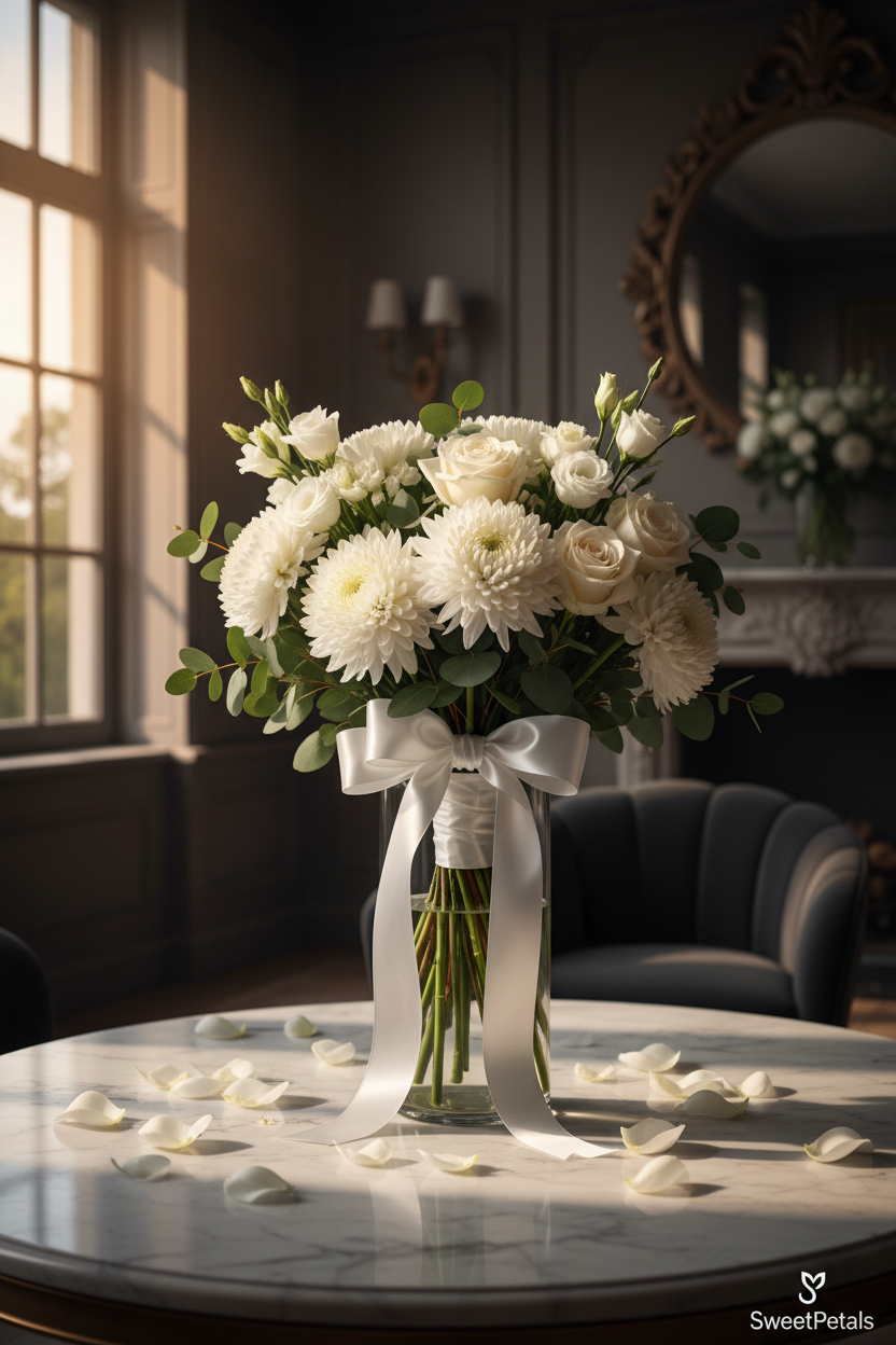 Elegant white chrysanthemum and rose bouquet in glass vase by window in luxury home – SweetPetals premium white floral gift
