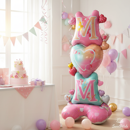 MOM balloon arrangement 3/4 angle party room setup – SweetPetals Mother's Day balloon NYC