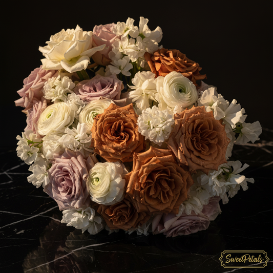 Close-up of sienna terracotta garden roses mauve roses white ranunculus and white sweet peas in boho bridal bouquet on dark marble – SweetPetals luxury terracotta rose wedding bouquet