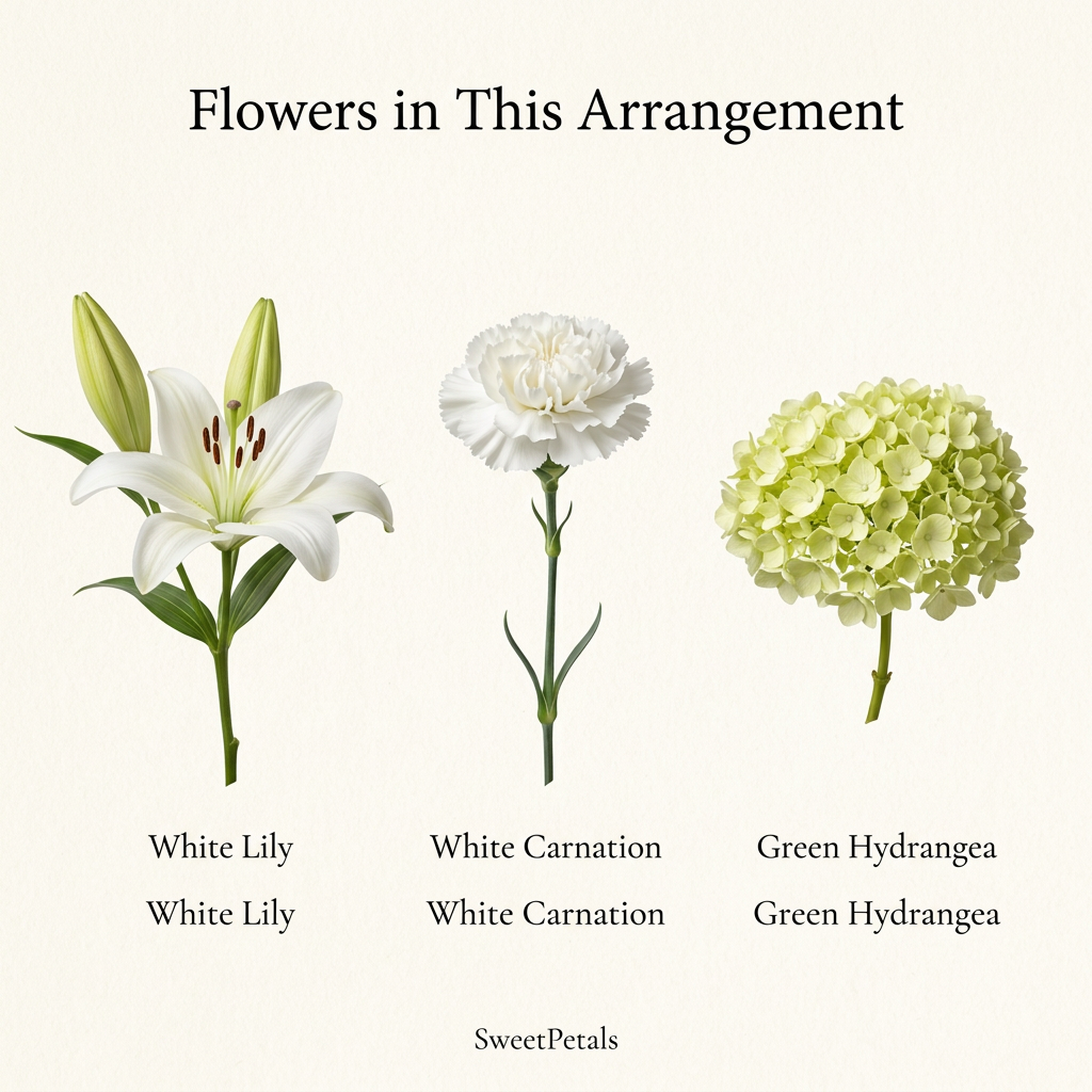 Separate white lily, white carnation and green hydrangea flower guide, SweetPetals USA