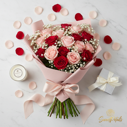 Pink red rose bouquet flat lay with rose petals candle gift box – SweetPetals gifting NYC