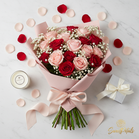 Pink red rose bouquet flat lay with rose petals candle gift box – SweetPetals gifting NYC