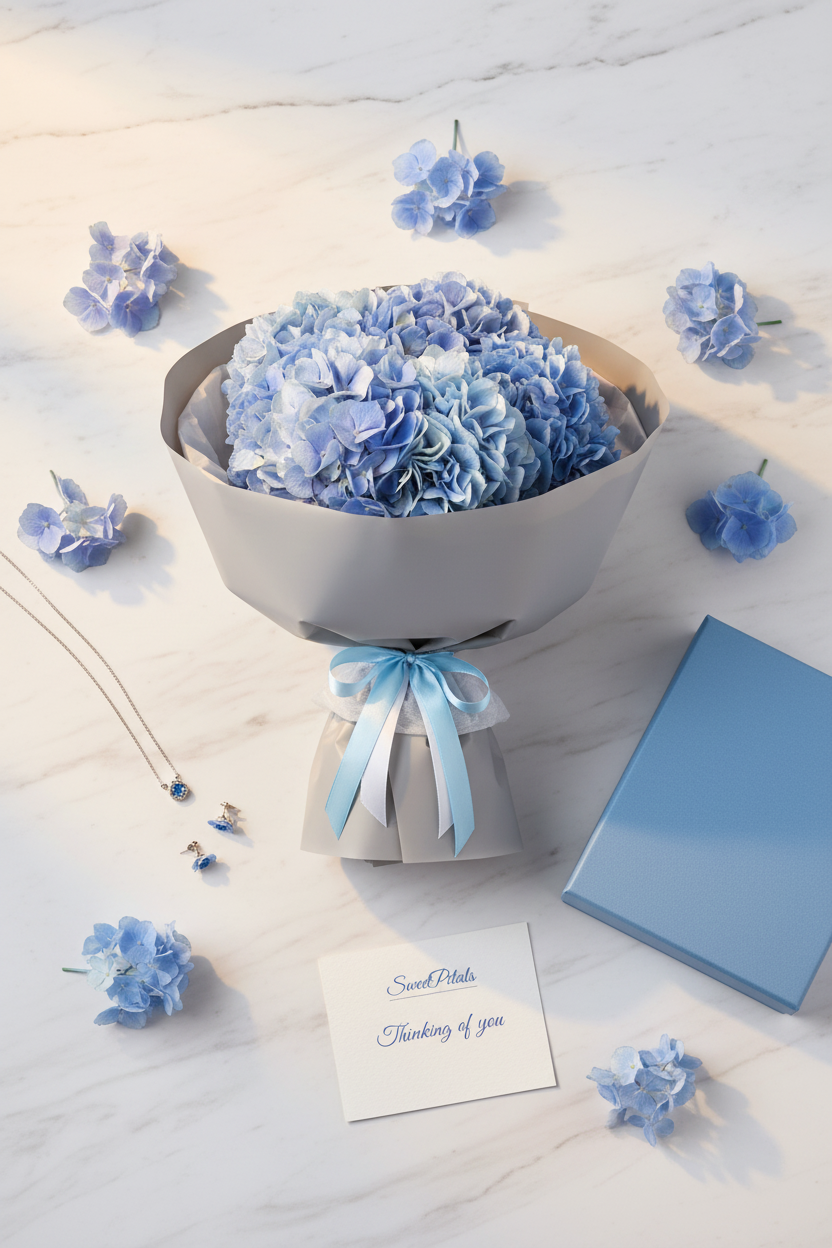 Flat lay serene blue hydrangea bouquet with powder blue gift box on marble – SweetPetals luxury blue flower gift delivery