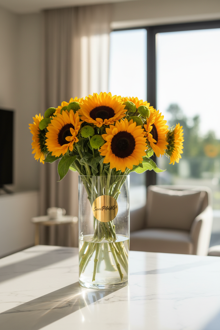 Sunflower cylinder vase arrangement on marble countertop — SweetPetals flower delivery gift USA