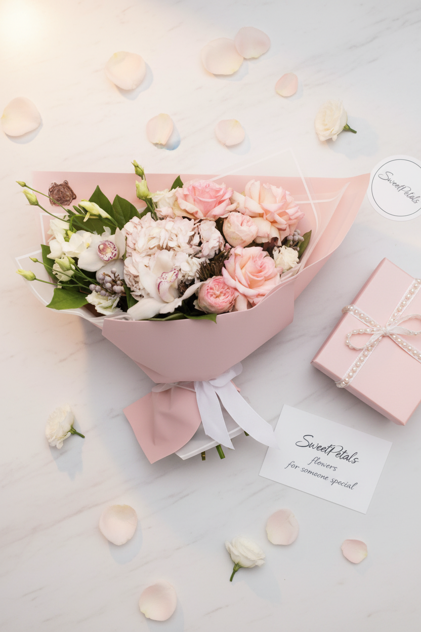 Flat lay blush rose lisianthus bouquet with pink gift box on marble – SweetPetals luxury flower gift delivery