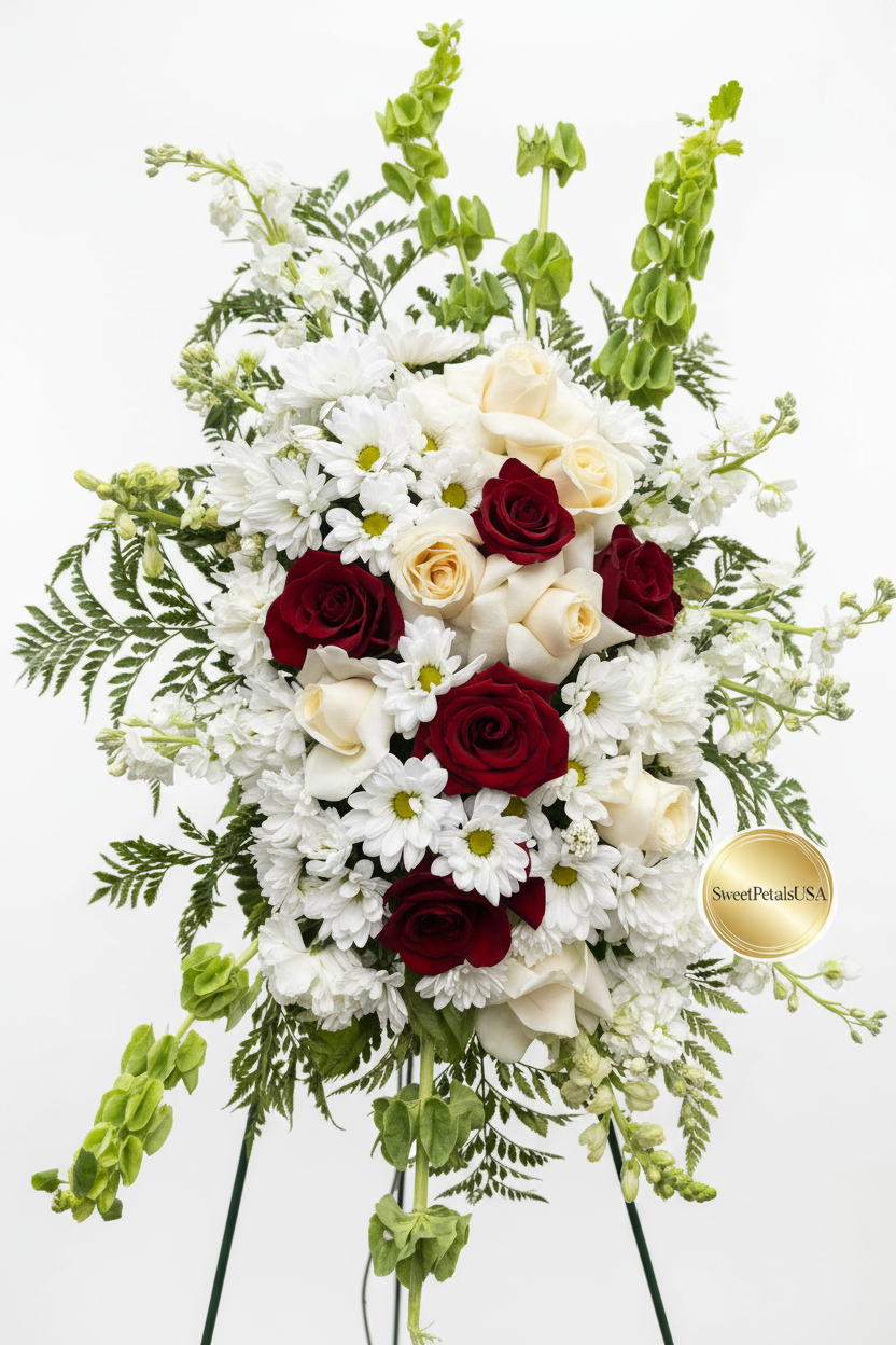 Close-up of red and white roses in sympathy standing spray — SweetPetals premium funeral flowers USA