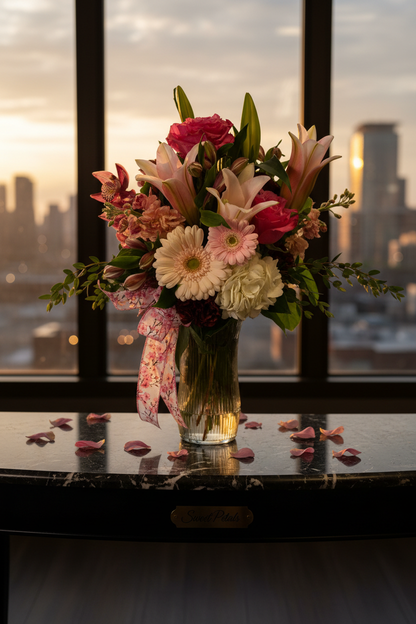 Elegant pink blossom romance vase arrangement on dark marble console table in luxury penthouse with city view and golden light – SweetPetals premium rose lily vase gift New York
