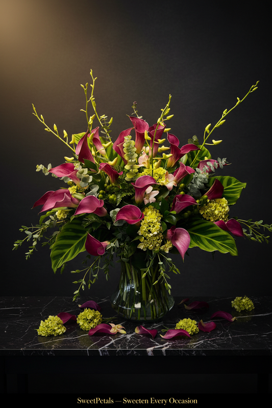 Midnight garden calla lily luxury vase arrangement on dark marble with golden spotlight and SweetPetals gold foil slogan – SweetPetals luxury purple calla lily chartreuse hydrangea birthday gift New York
