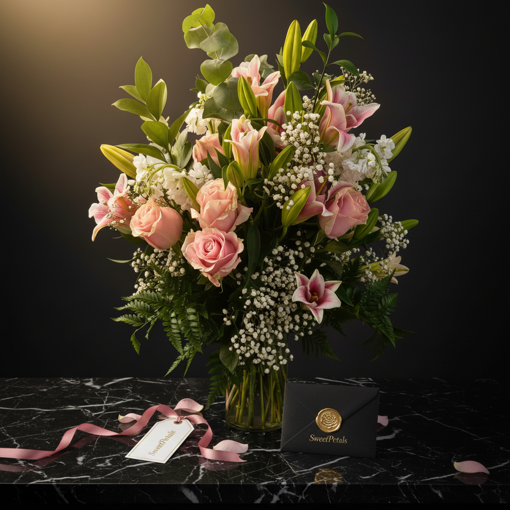 Blush romance pink rose and lily luxury vase arrangement on dark marble with golden spotlight and SweetPetals gold foil slogan – SweetPetals luxury pink rose oriental lily birthday romance wedding gift New York