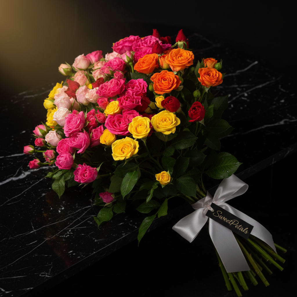 Close-up of rainbow mixed spray roses in pink orange yellow red and white on dark marble – SweetPetals blooming love luxury bouquet