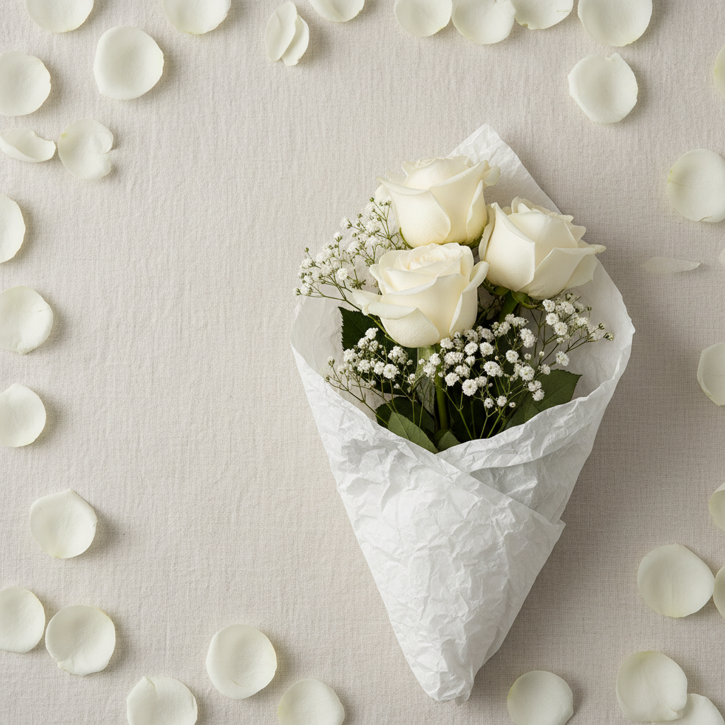3 white roses flat lay with petals — SweetPetals premium arrangement