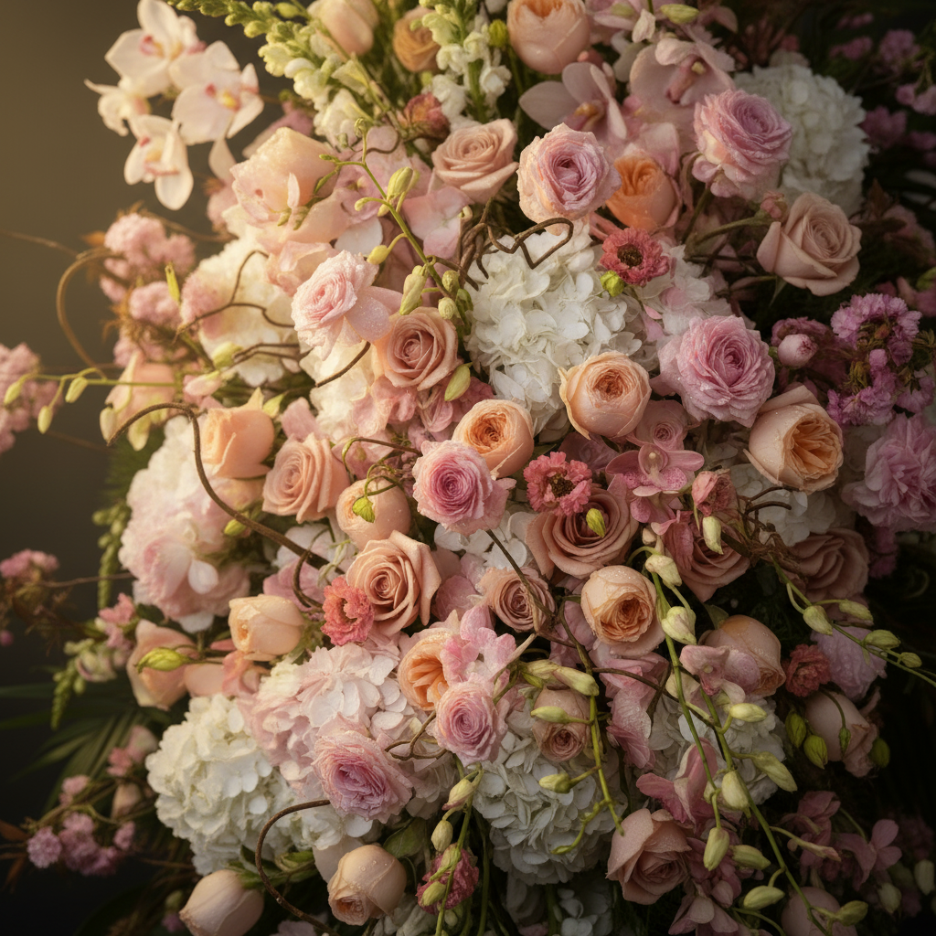 Close-up of pink garden roses peach roses white hydrangea pink dendrobium orchids and white snapdragons in grand cascade sympathy arrangement on dark marble – SweetPetals luxury blush sympathy funeral tribute