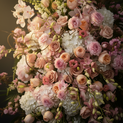 Close-up of pink garden roses peach roses white hydrangea pink dendrobium orchids and white snapdragons in grand cascade sympathy arrangement on dark marble – SweetPetals luxury blush sympathy funeral tribute