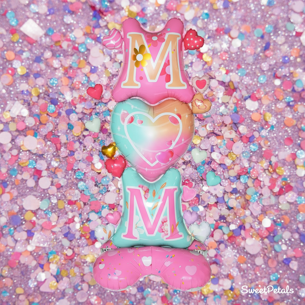 Close-up MOM foil balloon heart detail pink teal – SweetPetals Mother's Day balloon bouquet