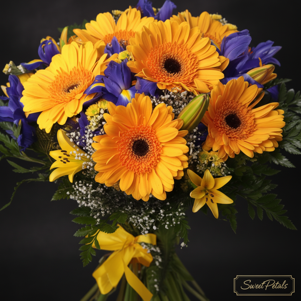 Close-up of orange gerbera daisies and purple irises in spring mix bouquet – SweetPetals fresh flower arrangement