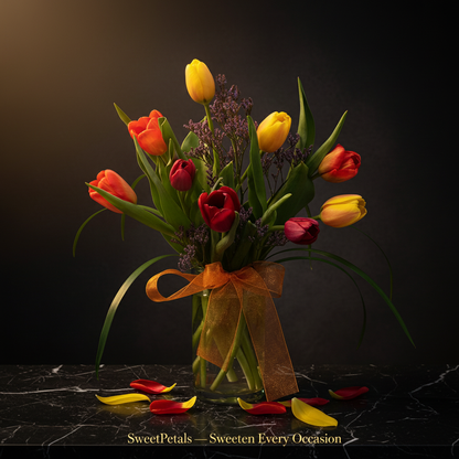 Rainbow tulip luxury vase arrangement on dark marble with golden spotlight and SweetPetals gold foil slogan – SweetPetals luxury mixed tulip birthday spring celebration gift New York
