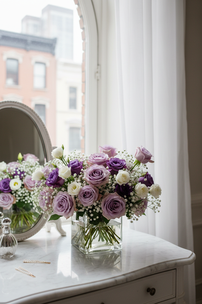 Lavender rose vase by window – SweetPetals premium flowers Brooklyn Manhattan