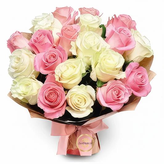 Close-up of pink and white roses bouquet with SweetPetalsUSA logo sticker — premium rose gift USA