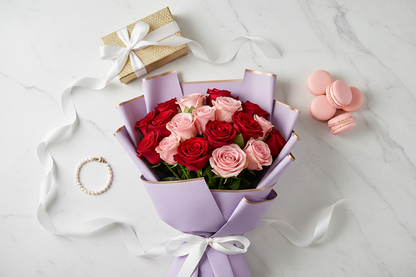 Luxury flat lay of red pink rose bouquet with gold gift box and macarons – SweetPetals premium flower delivery NYC