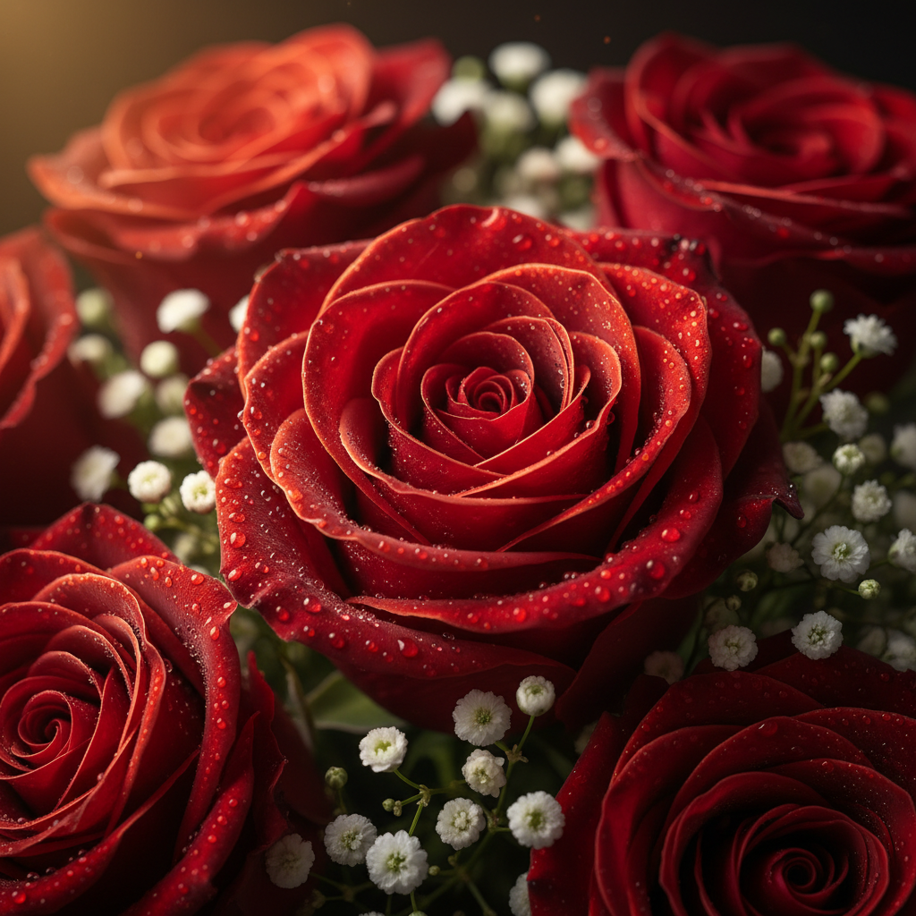 Moody macro close-up of scarlet red rose petals with baby's breath – SweetPetals luxury flower delivery NYC