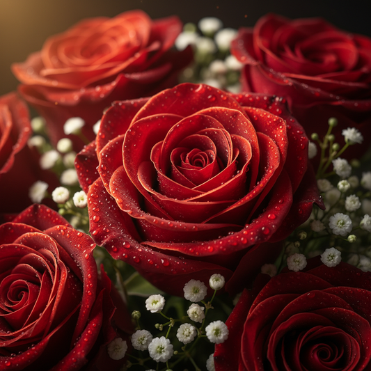 Moody macro close-up of scarlet red rose petals with baby's breath – SweetPetals luxury flower delivery NYC