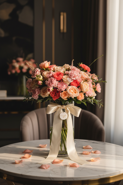 Elegant peach blossom garden bouquet in glass vase by window in luxury home – SweetPetals premium peach rose floral gift New York