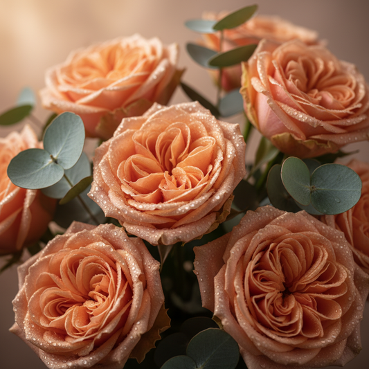 Macro close-up of soft peach roses with eucalyptus leaves – SweetPetals luxury flowers Brooklyn Manhattan