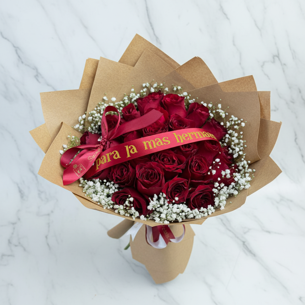 Overhead top-down view of crimson red roses and baby's breath in kraft paper bouquet – SweetPetals luxury flowers NYC
