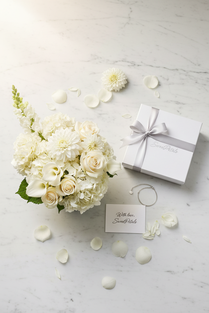 Flat lay white elegance luxury vase arrangement with white gift box and silver bracelet on white marble – SweetPetals luxury all-white hydrangea rose calla lily dahlia anniversary gift delivery New York