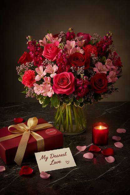 Flat lay red and pink rose vase arrangement with gift box and candle on dark marble – SweetPetals romantic flower delivery