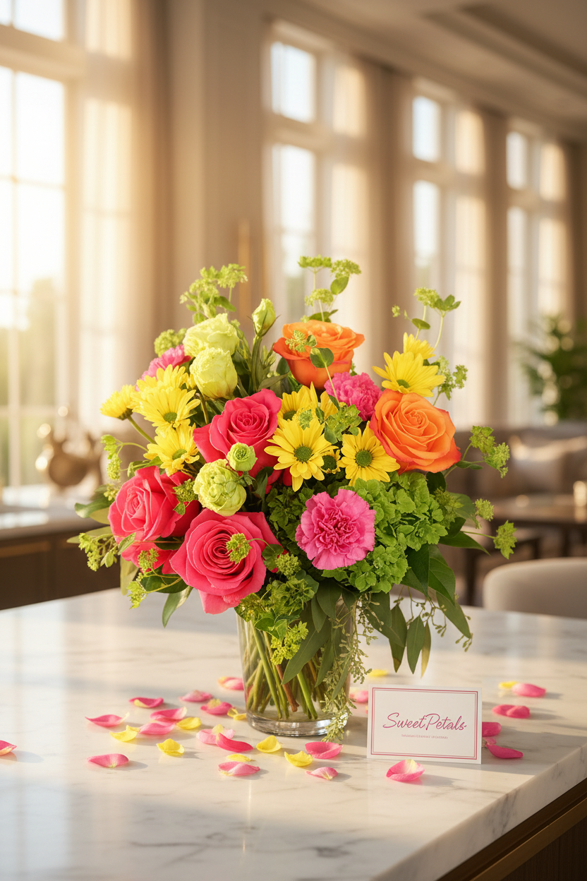 Elegant festive sunrise vase arrangement on white marble kitchen island in bright luxury home with golden light – SweetPetals premium pink orange rose vase gift New York