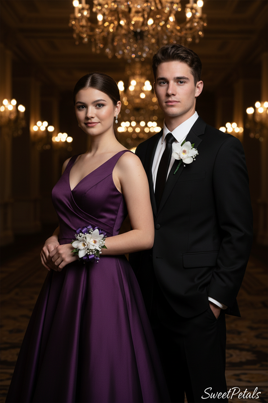 Elegant couple in luxury ballroom wearing white orchid corsage and boutonniere with purple ribbon – SweetPetals premium prom flowers New York