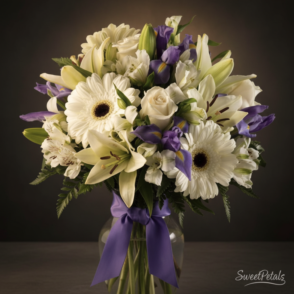 Close-up of white gerbera daisies purple irises and white lilies in glass vase – SweetPetals luxury flower arrangement