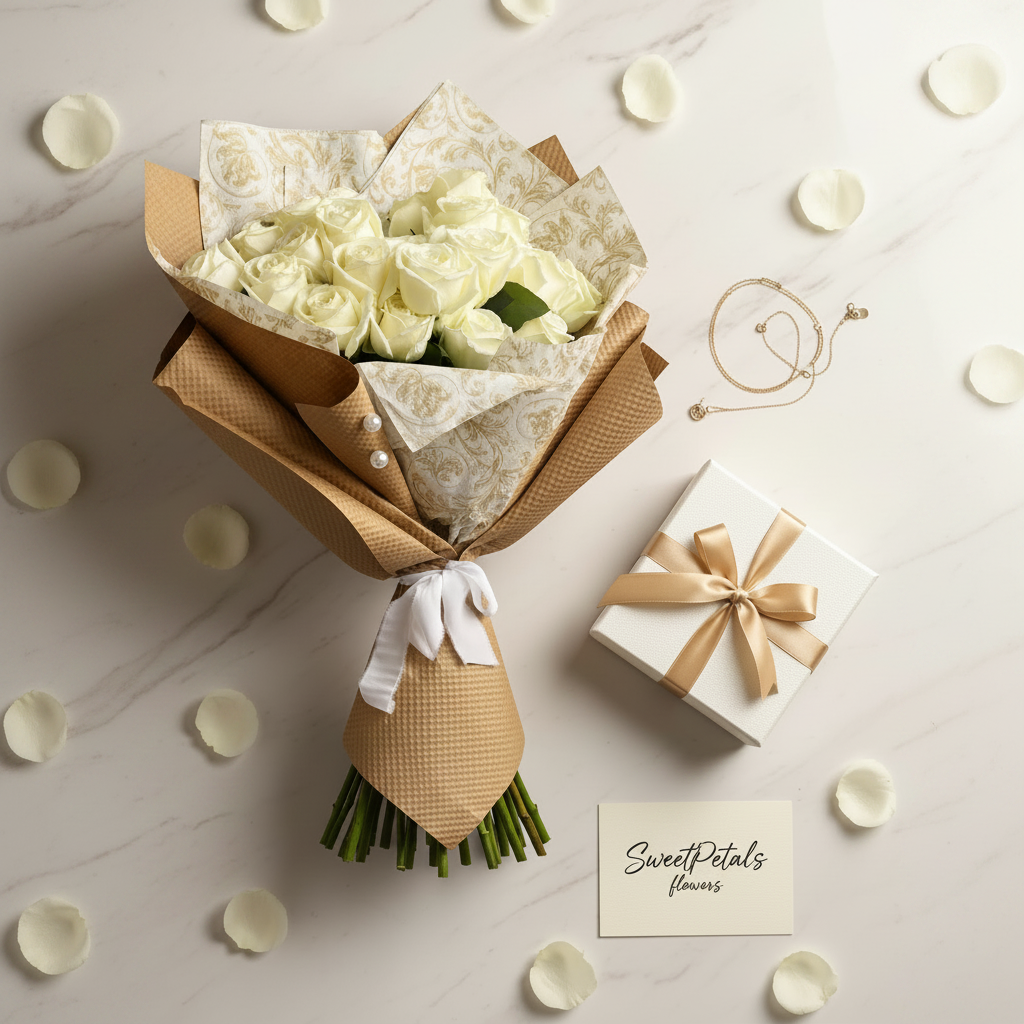A bouquet of white roses wrapped in patterned cream paper and brown textured paper, arranged on a light marble surface with scattered flower petals. A small white gift box tied with a beige ribbon, a card reading 'SweetPetals flowers,' and a gold ring are also visible.