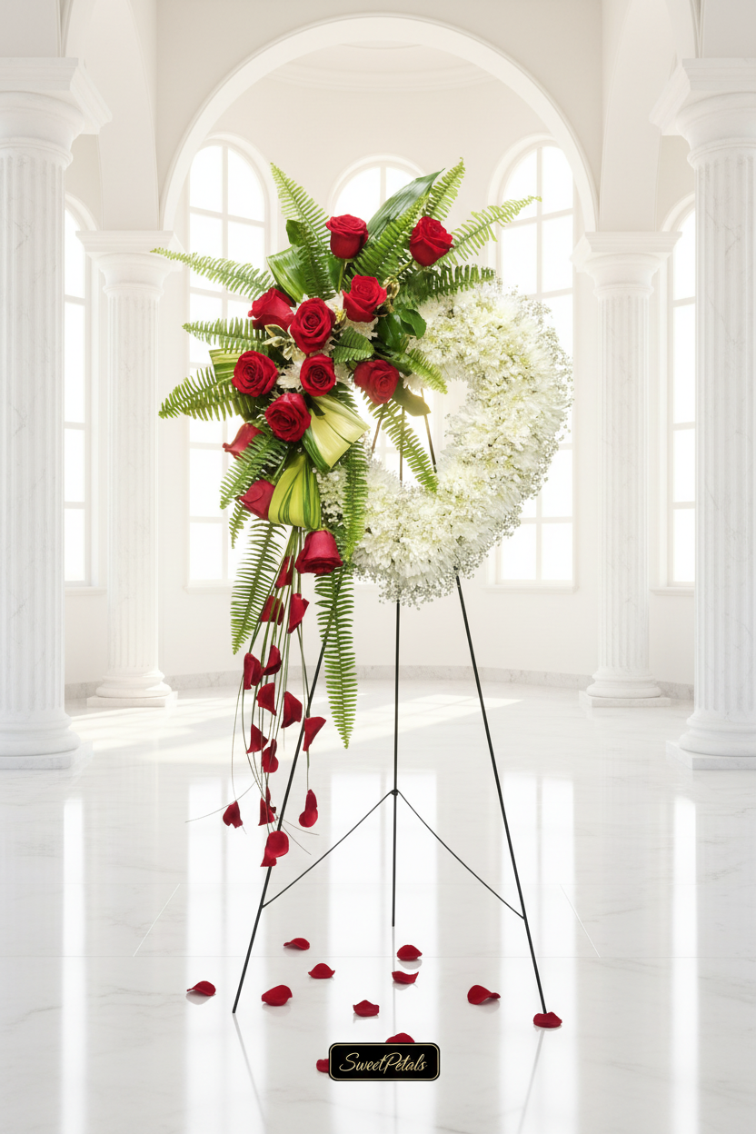 White wreath with red rose cascade sympathy tribute on black easel in bright white chapel interior with golden light – SweetPetals premium chrysanthemum wreath red rose funeral tribute New York
