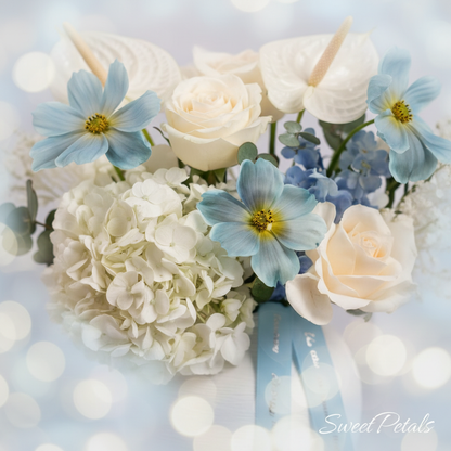 Close-up blue cosmos white hydrangea cream roses anthurium blooms – SweetPetals premium flowers NYC