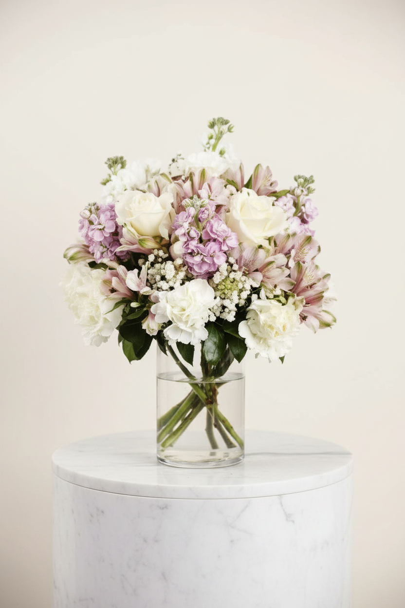 White rose and lavender stock vase on marble pedestal editorial – SweetPetals NYC florist