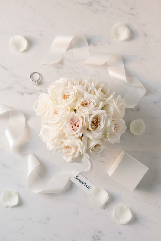 Flat lay white O'Hara rose dome bouquet with diamond ring and white gift box on marble – SweetPetals luxury cream garden rose wedding bouquet delivery