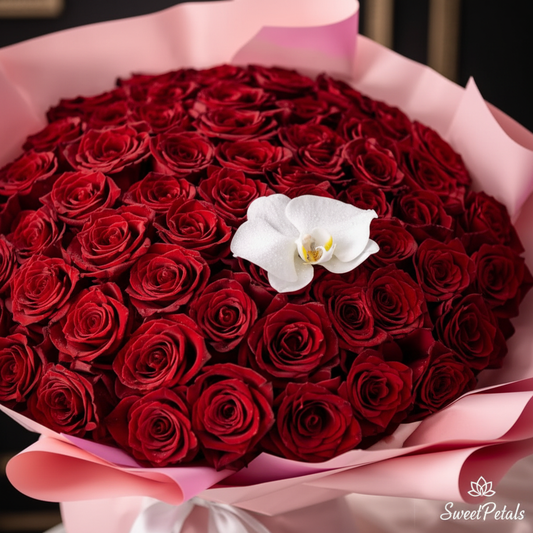 Close-up of 100 deep red roses dome bouquet with white orchid center in pink wrap – SweetPetals grand romantic flower gift