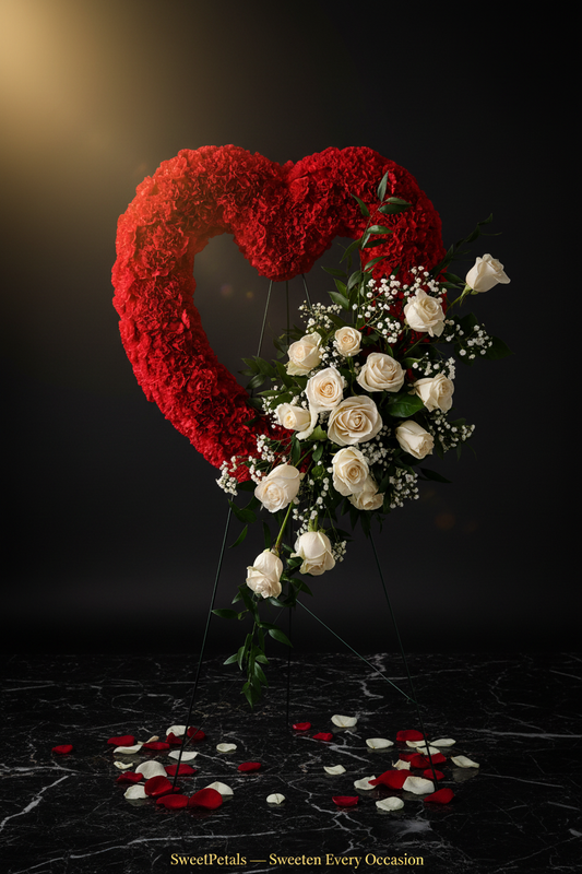 Red carnation heart with white rose cascade sympathy tribute on black easel on dark marble with golden spotlight and SweetPetals gold foil slogan – SweetPetals luxury funeral heart tribute New York